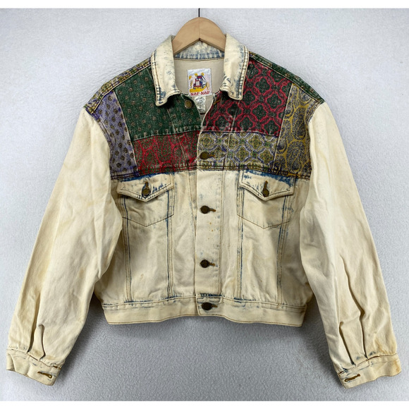 NAF NAF Jacket Mens S Bandana Patchwork Trucker Acid Washed Denim Blue VTG - Picture 1 of 16